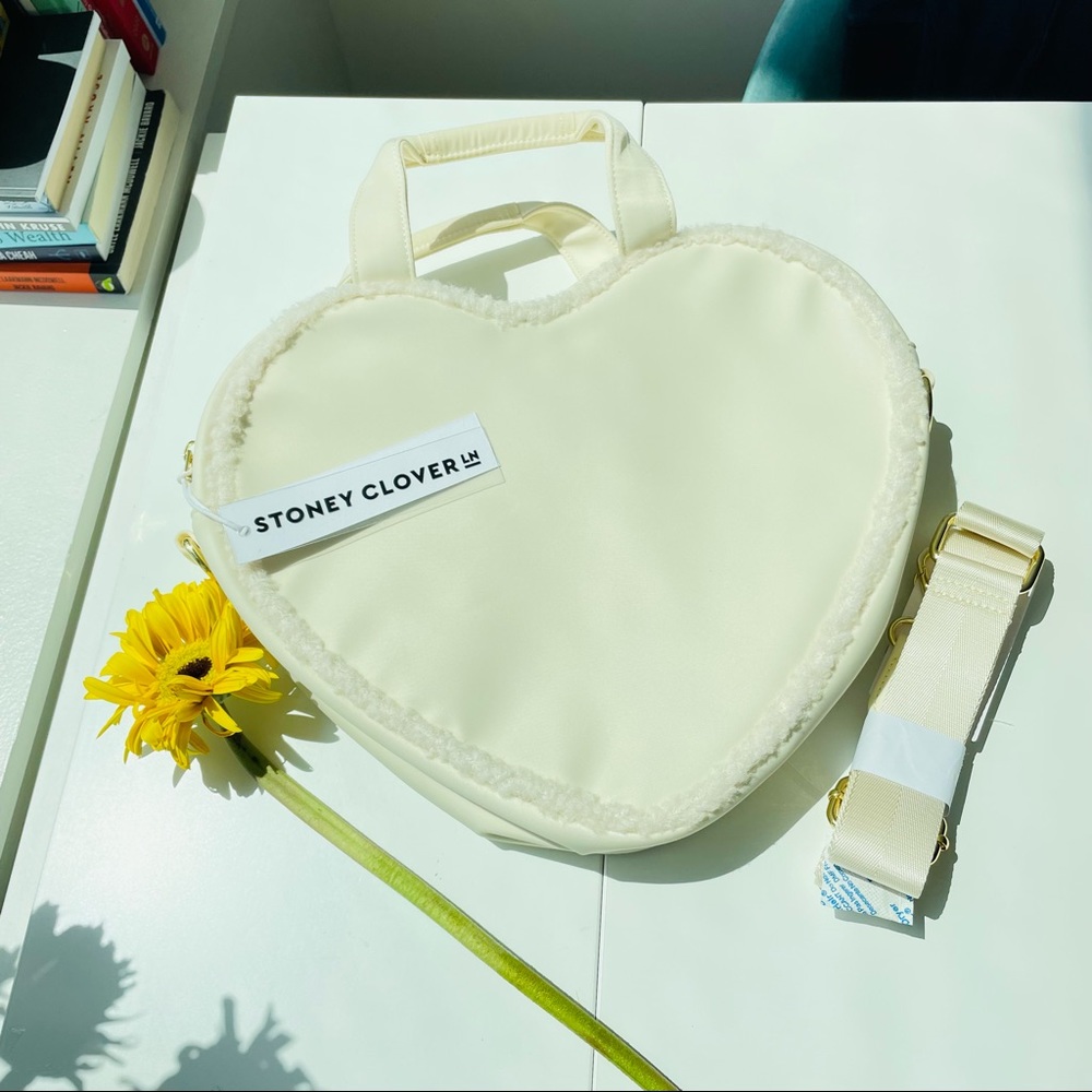 SUMMER SALE Stoney Clover Lane | Cream Ruffled Velvet Heart Tote I Winter White